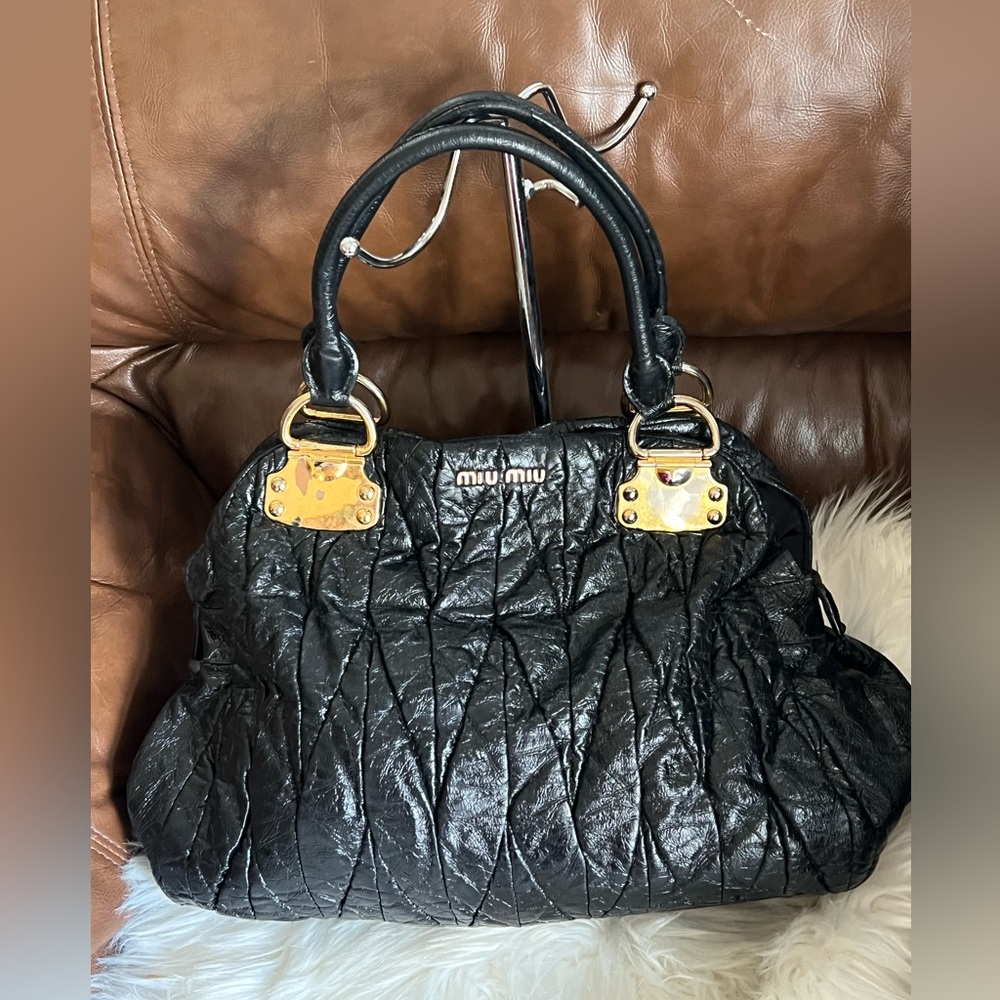 Miu Miu Black Crinkled Leather Shoulder Bag